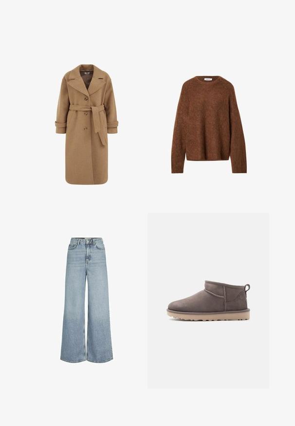 Camel wollen blend jas met een dubbele knoopsluiting, grote revers, opgerolde mouwen en een bijpassende riem in de taille.; Bruine, fuzzy, lange mouwen crewneck sweater met een relaxed fit en geribbelde manchetten, weergegeven op een witte achtergrond.; Hoge taille wijde jeans gemaakt van lichtblauwe denim. Kenmerkt zich door een klassiek vijf-pocket ontwerp met ton-sur-ton stiksels en een knoopsluiting.; Lage, bruin suède instapschoen met een textuurrijke zool en trekkoord op een effen achtergrond.