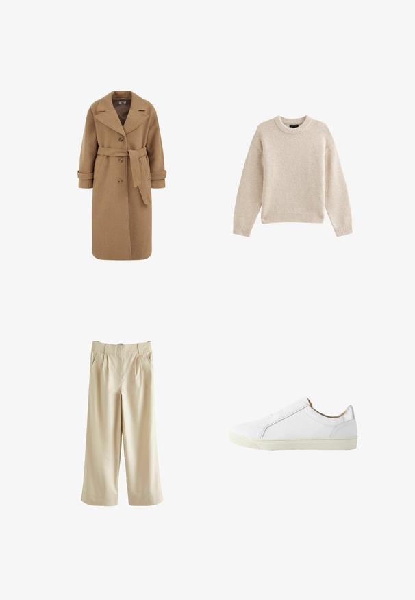 Abrigo de mezcla de lana color camel con diseño de doble botonadura, grandes solapas, puños enrollados y un cinturón a juego en la cintura.; Jersey de punto beige con cuello redondo, mangas largas y dobladillo acanalado. Tela texturizada con una apariencia suave. Diseño simple y versátil.; Next SMART WIDE LEG - Pantalones - stone; Zapatilla blanca baja de cuero con cremallera lateral, forro interior beige y suela de goma color blanco roto, mostrada desde el lado exterior.