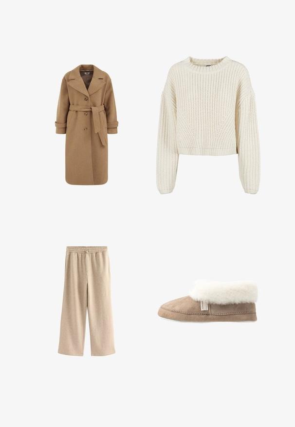 Camel uldblandede frakke med dobbeltradet design, store revers, opfoldede manchetter og et matchende bælte i taljen.; Chunky strik creme trøje med rund halsudskæring, brede ærmer, ribbede manchetter og et struktureret mønster. Korte design.; Cremefarvede breddebenede bukser lavet af blødt bomuldsblandingsstof. Har en elastisk talje med snor og en subtil plettet tekstur.; Tan ruskinds-sko med en hvid, fluffy kant, blød tekstur, rund tådesign og en hvid sål. Har en synlig syet søm og et mærke.