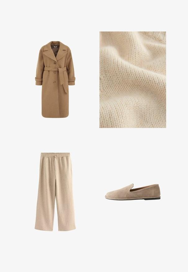 Camel uldblandede frakke med dobbeltradet design, store revers, opfoldede manchetter og et matchende bælte i taljen.; Cremefarvet strikket stof med en tekstureret, blød overflade og synlige søm mønster samt let variation i tykkelsen.; Beige vide benbukser lavet af blødt stof, med en elastisk talje og snor, og en diskret prikket tekstur hele vejen igennem.; Beige ruskind slip-on loafers med rund tå, lav flad hæl, syet sål og elastisk sideindsats for nem påtagning.