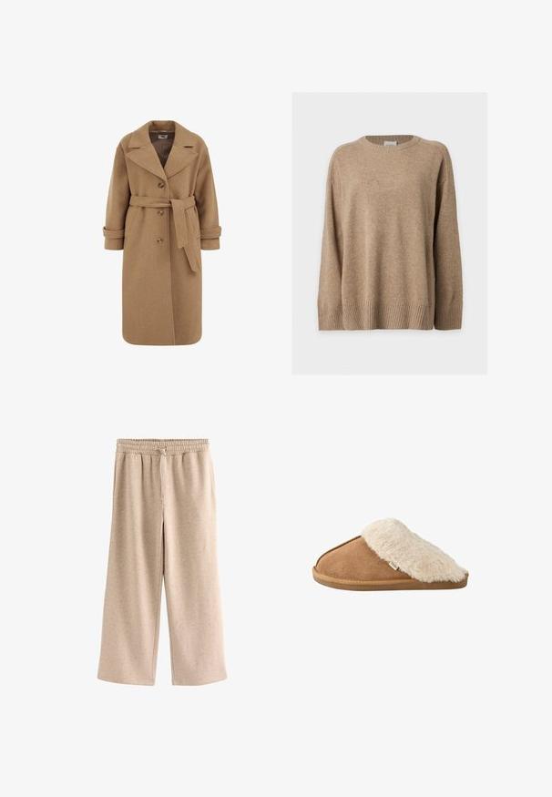 Camel uldblandede frakke med dobbeltradet design, store revers, opfoldede manchetter og et matchende bælte i taljen.; Beige langærmet striktrøje med ribstrikkede manchetter, kant og rund hals, vist fladt på en hvid baggrund.; Beige bukser med vide ben, elastisk talje og snørre, lavet af et blødt, plettet stof.; Brun slip-on tøffel med blød beige imiteret pelsforing og sål, vist fra siden på hvid baggrund.