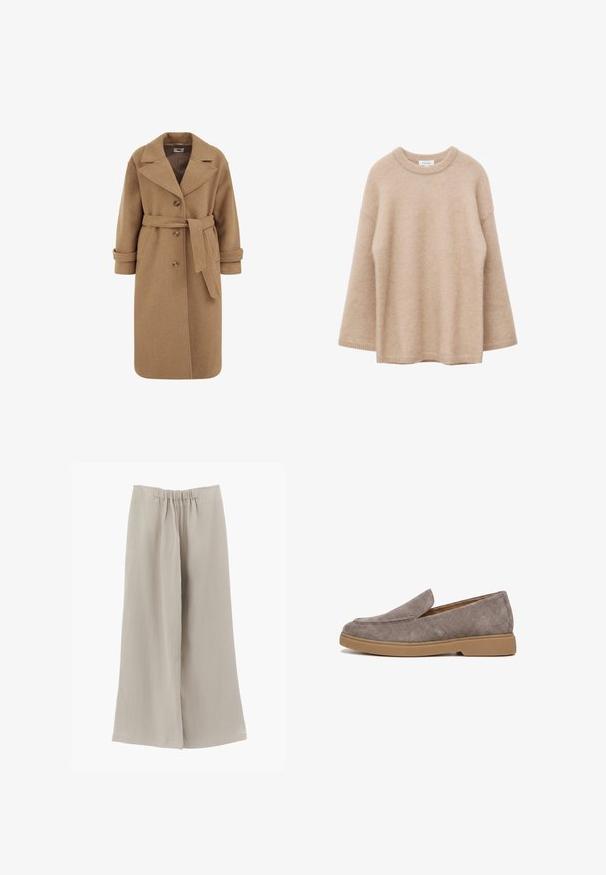 Abrigo de mezcla de lana color camel con diseño de doble botonadura, grandes solapas, puños enrollados y un cinturón a juego en la cintura.; Jersey beige de manga larga con cuello redondo, textura suave y peluda, y un corte holgado, mostrado sobre un fondo blanco.; Pantalones beige de pierna ancha con cintura elástica hechos de una tela ligera y suave.; Zapato tipo slip-on de ante topo con puntera redondeada y suela de goma marrón claro, mostrado de lado sobre fondo blanco.