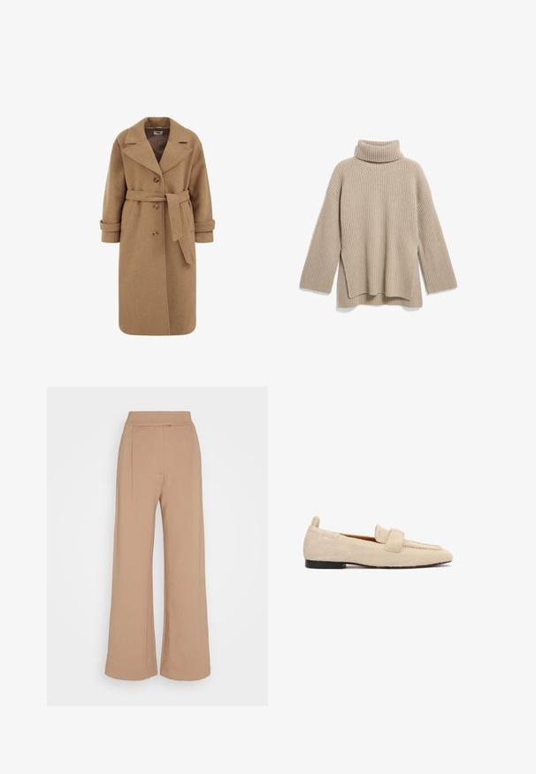 Camel wollen blend jas met een dubbele knoopsluiting, grote revers, opgerolde mouwen en een bijpassende riem in de taille.; Beige geribbelde coltrui met een relaxed fit, voorzien van lange mouwen en een zijsplit aan de onderkant, gemaakt van een zachte, textuurrijke breisels.; Anna Field by Zalando Broek - brown; Beige platte loafer met een gestructureerd, bontachtig oppervlak, zwarte zool en een brede band over het bovenste deel van de schoen.