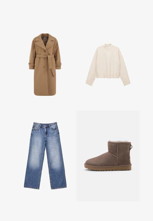 Camel uldblandede frakke med dobbeltradet design, store revers, opfoldede manchetter og et matchende bælte i taljen.; Cremefarvet pullover trøje lavet af blødt stof, med høj hals, sænket skuldre og en cropped design med ribbede kanter.; Lyseblå denim jeans med vide ben, forlommer, bæltestropper, knaplukning og diskret falming på forlårene.; Brune ruskind ankelstøvle med blødt fleecefôr, rund tå, stikninger og en struktureret gummisål for godt greb.