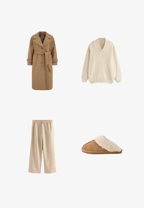 Mantel aus einer Kamelhaar-Mischung mit Double-Breasted-Design, großen Revers, umgeschlagenen Ärmeln und einem passenden Gürtel in der Taille.; Cremfarbener Pullover mit V-Ausschnitt, geripptem Kragen und Bündchen. Hergestellt aus weichem, strukturierter Stoff mit lockerer Passform und überschnittenen Schultern.; Cremefarbene Schlaghosen aus einem weichen Baumwollmix. Sie verfügen über einen elastischen Bund mit Kordelzug und einer dezenten gesprenkelten Textur.; Brauner pantoffel zum Hineinschlüpfen mit weichem beigem Kunstpelzfutter und -sohle, Seitenansicht auf weißem Hintergrund.