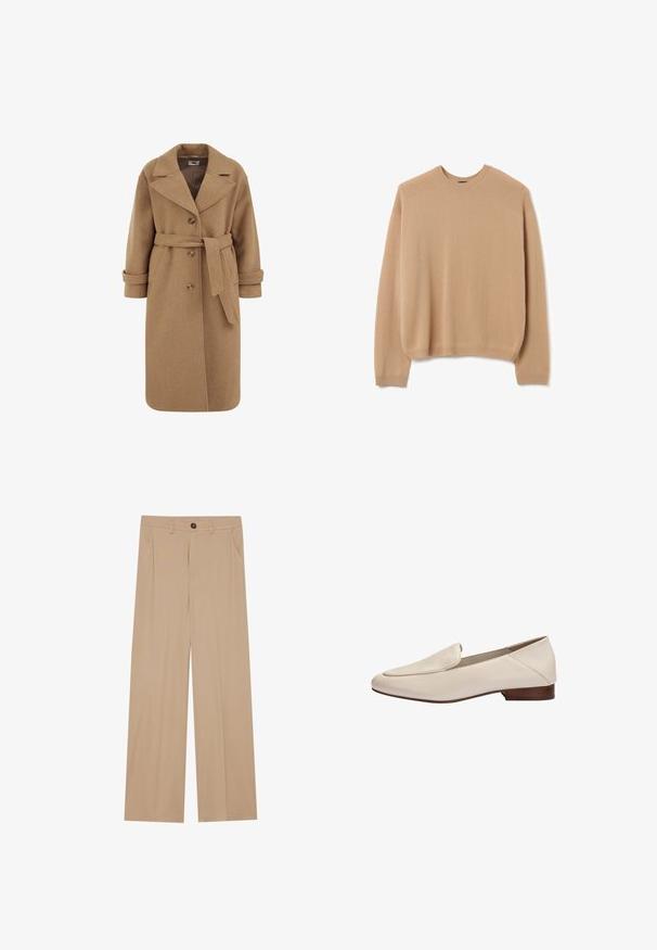 Mantel aus einer Kamelhaar-Mischung mit Double-Breasted-Design, großen Revers, umgeschlagenen Ärmeln und einem passenden Gürtel in der Taille.; Beige gestrickter Pullover mit lockerer Passform, der gerippte Akzente an den Schultern und Bündchen, eine glatte Textur und einen runden Halsausschnitt aufweist.; Beige, weit geschnittene Hosen mit glatter Textur, ausgestattet mit zwei seitlichen Taschen, einem vorderen Knopfverschluss und dezenten Falten für zusätzliche Details.; Beiger Lederloafer mit niedrigem Holzabsatz und abgerundet eckiger Zehenpartie, Seitenansicht vor weißem Hintergrund.
