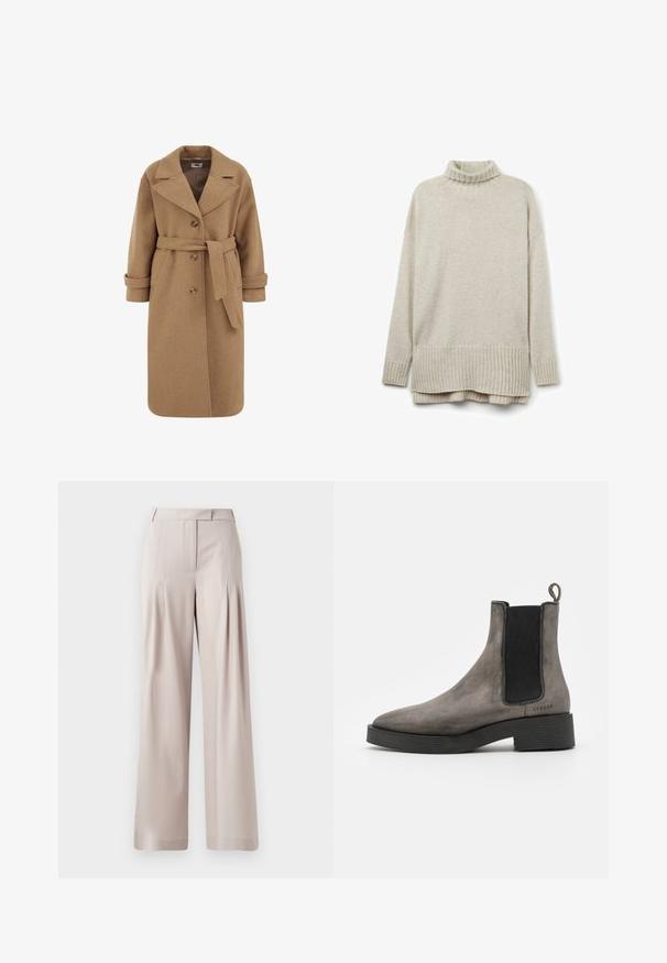 Camel uldblandede frakke med dobbeltradet design, store revers, opfoldede manchetter og et matchende bælte i taljen.; Beige striktrøje med ribbet turtleneck, lange ærmer og en nederkant med diagonal ribning. Blød tekstur og afslappet pasform.; Beige vidde bukser med en glat tekstur, plisseret frontdesign og en skræddersyet talje. Velegnet til formelt eller afslappet brug.; Grå læder chelsea støvle med tekstureret finish, elastiske sidedele, hængestrop og sort gummisål. Slank, taperet design med minimale accenter.
