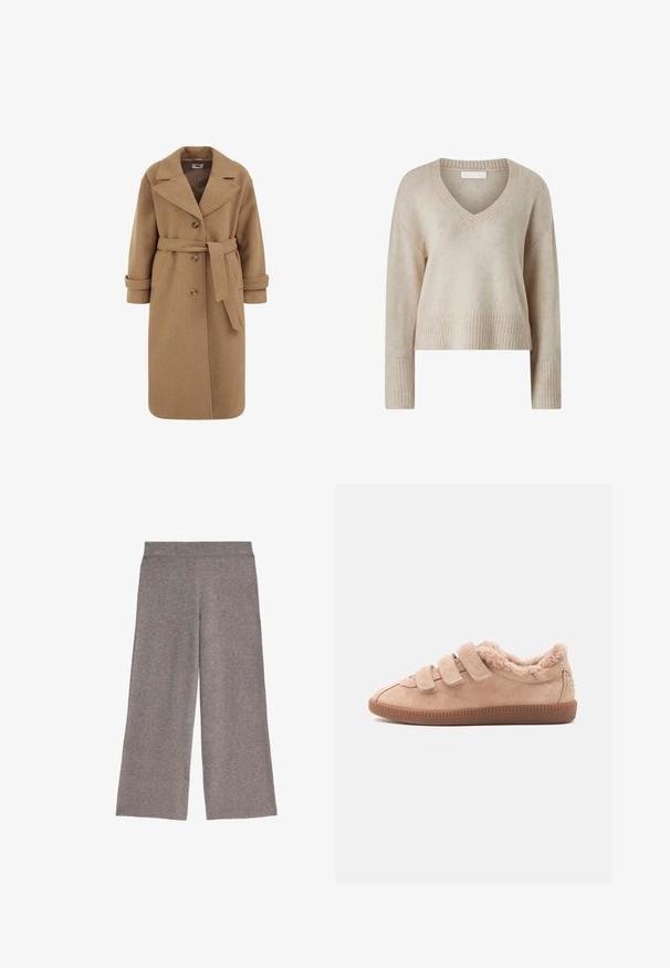 Camel uldblandede frakke med dobbeltradet design, store revers, opfoldede manchetter og et matchende bælte i taljen.; Beige strikket sweater med v-hals, lange ærmer og ribbede manchetter og kant. Blød tekstur, cropped pasform og minimal detaljering.; Grå brede strikbukser med elastisk talje, flad front og løs pasform, præsenteret på en hvid baggrund.; Beige ruskindssneaker med tre velcrobånd, blødt pelsfoer, gummisål og små dekorative nitter på hælen.