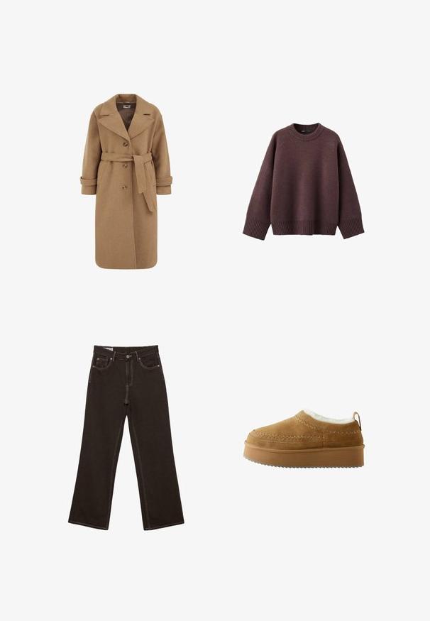 Camel uldblandede frakke med dobbeltradet design, store revers, opfoldede manchetter og et matchende bælte i taljen.; Løs pasform sweater i mørk bordeaux, lavet af blødt strikket stof. Har en ribstrikket rund hals, vide ærmer og en ribstrikket kant.; Sorte jeans med vide ben og kontrastfuld hvid syning, frontknap, lynlåslukning og fem-lommer design.; Brune ruskind slip-on sko med en pelsfor, rund tå og en tyk, rillede platåsål. Har dekorativ syning og en bagtaps.