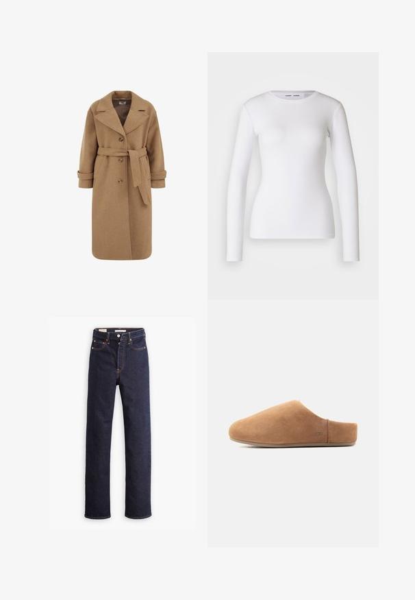 Abrigo de mezcla de lana color camel con diseño de doble botonadura, grandes solapas, puños enrollados y un cinturón a juego en la cintura.; Camisa blanca de manga larga hecha de tela acanalada, con un cuello redondo y una forma ajustada. No presenta patrones ni detalles.; Jeans de mezclilla rectos de color azul oscuro con cinco bolsillos y costuras naranjas visibles sobre un fondo blanco.; Zapatilla tipo slip-on de ante color canela con puntera cerrada, talón abierto, suela plana y pequeño logo UGG en el lateral, mostrada de perfil.