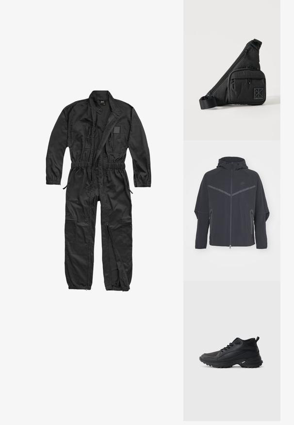 Čierna bunda Nike so zipsom vpredu, kapucňou a uhlovými švami. Má reflexné akcenty a postranné zipsové vrecká. Vyrobená z ľahkého materiálu.; Brandit BRANDIT HERREN EINSATZKOMBI - Overal - black; Čierne športové topánky vyrobené zo syntetického materiálu. Majú polstrovaný golier, okrúhlu špičku, pevný podrážku s trakciou a detail loga značky.; Čierna kabelka Calvin Klein crossbody s nastaviteľným remienkom, predným vreckom so zipsom a jemným vzorom loga na jednolatom pozadí.