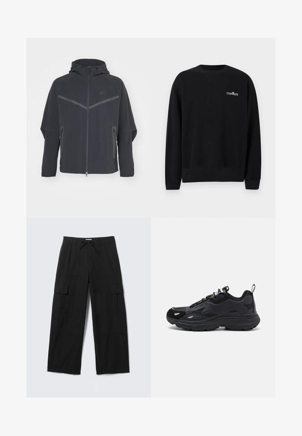 Musta Nike-takki, jossa on vetoketju edessä, huppu ja kulmikkaat saumat. Varustettu heijastavilla yksityiskohdilla ja sivuilla vetoketjulliset taskut. Valmistettu kevyestä kankaasta.; Musta pyöreäkauluksinen collegepaita, jossa on pitkät hihat ja pieni valkoinen Carhartt-logo vasemmassa rinnassa, resorit hihansuissa ja helmassa.; Mustat leveälahkeiset cargo-housut, joissa on etutaskut, reiden läppätaskut, vyölenkit ja nyörivyötärö, aseteltuna tasaisesti valkoista taustaa vasten.; Musta juoksukenkä, jossa on teksturoitu päällinen, sileät synteettiset yksityiskohdat, paksu pohja ja heijastavat yksityiskohdat. Varustettu nauhakuorimistyylillä ja nyörinveto-ominaisuudella.