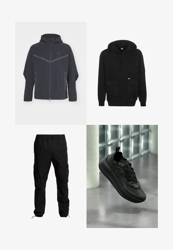 Čierna bunda Nike so zipsom vpredu, kapucňou a uhlovými švami. Má reflexné akcenty a postranné zipsové vrecká. Vyrobená z ľahkého materiálu.; Čierna mikina s kapucňou vyrobená z mäkkej tkaniny, obsahujúca šnúrku na stiahnutie, predné vrecká a nášivku s logom na ľavej oblasti hrudníka.; Čierne cargo nohavice z odolného materiálu s elastickým pásom, nastavitelnými šnúrkami a bočnými vreckami s klopami.; Čierna teniska Calvin Klein so šnúrkami, zdvihnutá nad leštenou betónovou podlahou, v pozadí rozmazaná stena z presklenných blokov a stĺp.