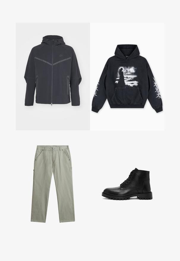 Sort Nike-jakke med lynlås foran, hætte og skrå sømme. Har reflekterende detaljer og sidelommer med lynlås. Fremstillet af letvægtsstof.; Sort hættetrøje med et frontgrafik af en figur mod en skyet baggrund. Indeholder en kængurulomme og stjernemønstre på ærmerne.; Lysegrå bukser med lige ben, forlommer, knap- og lynlås-lukning, bæltestropper og en sidelomme med løkke.; Sorte læder ankelstøvler med en rund tå, snørelukning foran og en robust sål. Har en glat overflade og tekstureret skæft.