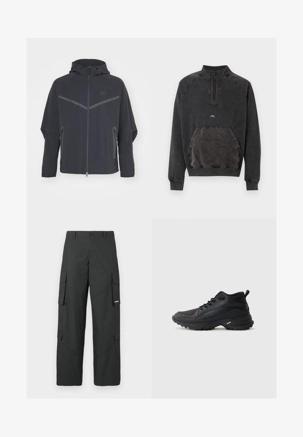 Čierna bunda Nike so zipsom vpredu, kapucňou a uhlovými švami. Má reflexné akcenty a postranné zipsové vrecká. Vyrobená z ľahkého materiálu.; Čierna vypraná mikina s polovičným zipsom, klokania kapsou, rebrovanými lemami rukávov a spodným lemom a malým logom "A C W" na hrudi.; Čierne rovné nohavice cargo so bočnými vreckami s chlopňou, zapínaním na gombík, pútkami na opasok a malým bielym logom na chlopni pravého vrecka.; Čierne športové topánky vyrobené zo syntetického materiálu. Majú polstrovaný golier, okrúhlu špičku, pevný podrážku s trakciou a detail loga značky.