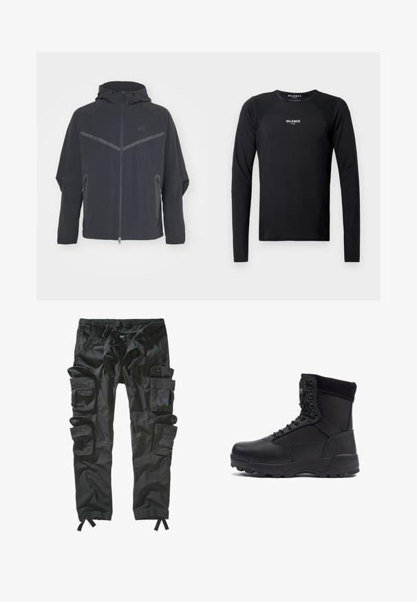 Sort Nike-jakke med lynlås foran, hætte og skrå sømme. Har reflekterende detaljer og sidelommer med lynlås. Fremstillet af letvægtsstof.; Sort langærmet træningsskjorte lavet af glat, letvægtsstof. Har rund hals, raglanærmer og en diskret logo på brystet.; Sorte cargo bukser med flere lommer, justerbart snoreliv og elastiske manchetter. Fremstillet af slidstærkt stof med en afslappet pasform.; Sort taktisk støvle med en glat læderoverdel og stofpaneler, høj ankeldesign, snørebånd foran og slidstærk gummisål.