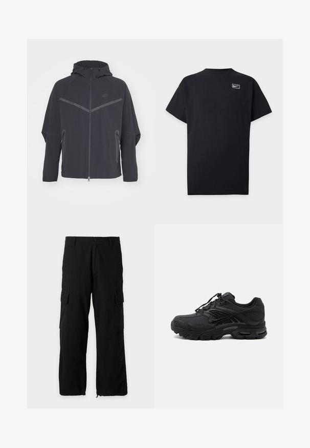 Čierna bunda Nike so zipsom vpredu, kapucňou a uhlovými švami. Má reflexné akcenty a postranné zipsové vrecká. Vyrobená z ľahkého materiálu.; Čierne krátke tričko Nike s malým bielym logom Nike swoosh vo vnútri obdĺžnikového obrysu na ľavej strane hrude.; Čierne cargo nohavice s bočnými vreckami s klopou, zapínaním na gombík a zips, pútky na opasok a nastaviteľnými lemami.; Čierna atletická teniska s texturovanou tkaninou, hrubou polstrovanou podrážkou, odvetrávacími otvormi a šnurovaním, zobrazená z boku na svetlom pozadí.