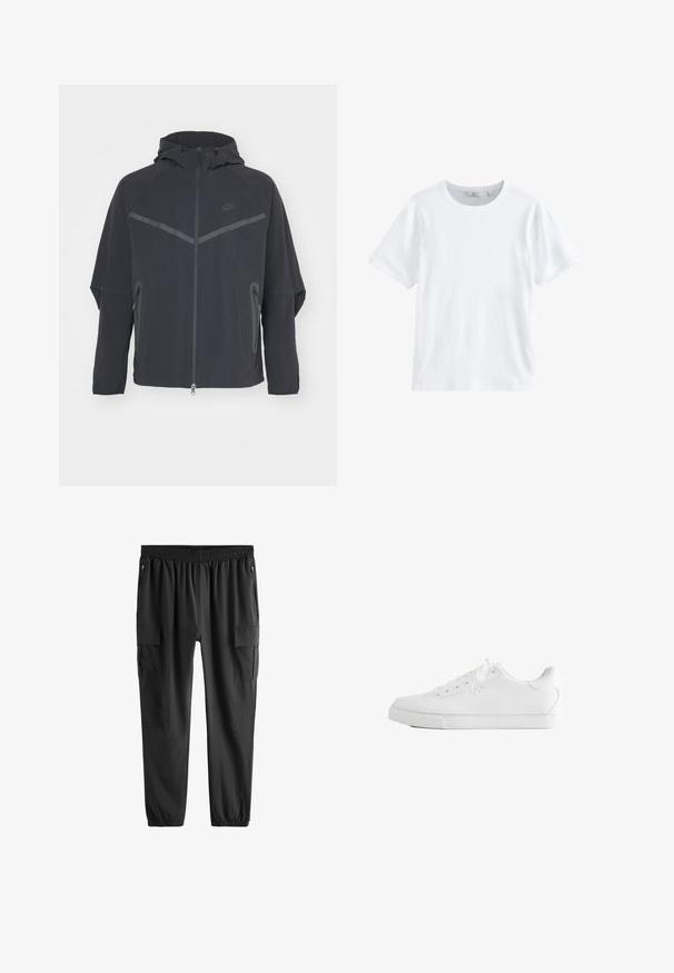 Zwarte Nike-jas met een rits aan de voorkant, capuchon en hoekige naden. Bevat reflecterende accenten en zijzakken met rits. Gemaakt van lichtgewicht stof.; Witte T-shirt met korte mouwen en ronde hals, met een subtiele geribbelde structuur en een klein merklabel aan de binnenkant van de kraag.; Zwarte cargobroek met elastische tailleband en boorden, met voorzakken met rits en klepzakken op de dijen.; Witte lage sneaker met veters, glad leren bovenwerk en een platte rubberen zool, vanaf de zijkant op een witte achtergrond.
