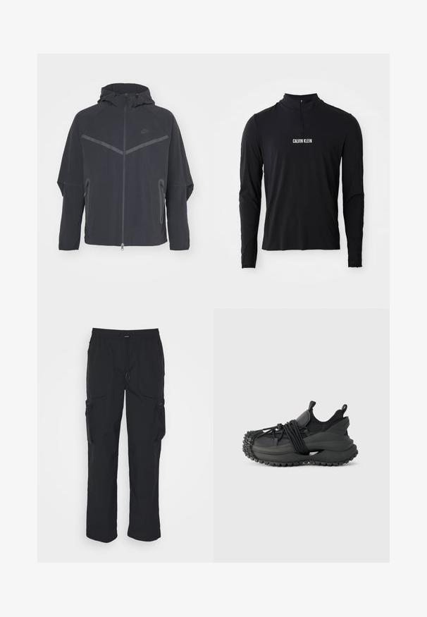 Čierna bunda Nike so zipsom vpredu, kapucňou a uhlovými švami. Má reflexné akcenty a postranné zipsové vrecká. Vyrobená z ľahkého materiálu.; Čierne tričko s dlhým rukávom a vysokým golierom, so štvrtinovým zipsom a bielym logom "CALVIN KLEIN" na prednej strane. Hladká, elastická látka.; Čierne cargo nohavice vyrobené z tkaniny. Obsahujú nastaviteľný pás, bočné vrecká a dve úložné vrecká so zipsami.; Emporio Armani Tenisky - black