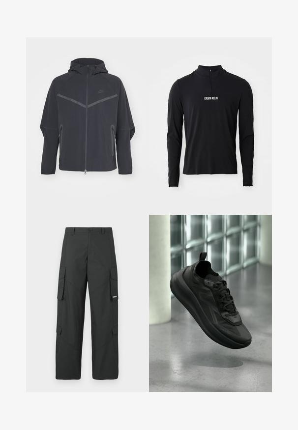 Čierna bunda Nike so zipsom vpredu, kapucňou a uhlovými švami. Má reflexné akcenty a postranné zipsové vrecká. Vyrobená z ľahkého materiálu.; Čierne tričko s dlhým rukávom a vysokým golierom, so štvrtinovým zipsom a bielym logom "CALVIN KLEIN" na prednej strane. Hladká, elastická látka.; Čierne rovné nohavice cargo so bočnými vreckami s chlopňou, zapínaním na gombík, pútkami na opasok a malým bielym logom na chlopni pravého vrecka.; Čierna teniska Calvin Klein so šnúrkami, zdvihnutá nad leštenou betónovou podlahou, v pozadí rozmazaná stena z presklenných blokov a stĺp.