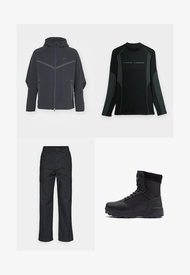 Čierna bunda Nike so zipsom vpredu, kapucňou a uhlovými švami. Má reflexné akcenty a postranné zipsové vrecká. Vyrobená z ľahkého materiálu.; Čierna polokošeľa s dlhým rukávom a vysokým golierom, vyrobená z textúrovaného materiálu. Má sivé bočné panely a logo "NIKE TECH" na hrudi.; Čierne cargo nohavice so strihom rovného nohavca, s bočnými vreckami a textúrovanou tkaninou. Zapínanie na gombík v páse pre bezpečné nosenie.; Čierna taktická bootka s hladkým koženým zvrškom a textilnými panelmi, vysoký dizajn nad členkami, šnurovanie vpredu a robustná gumová podrážka.