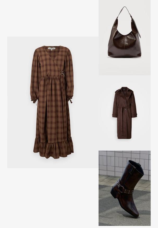 Bruine suède trenchcoat met een dubbele rij knopen aan de voorkant, grote kraag, ceintuur in de taille en zijzakken. Bevat knoopmanchetten en een gladde textuur.; Bruine geruite lange jurk met een overslagontwerp, ballonmouwen en een gerimpelde zoom. Gemaakt van een lichtgewicht stof met verstelbare strikdetails.; Donkerbruine leren enkellaars met zilverkleurige studs en een riemdetail, afgebeeld tegen een betegelde muur en een betonnen vloer.; Donkerbruine glanzende leren schoudertas met een enkele brede riem en gespsdetail aan één kant, tegen een effen lichte achtergrond.