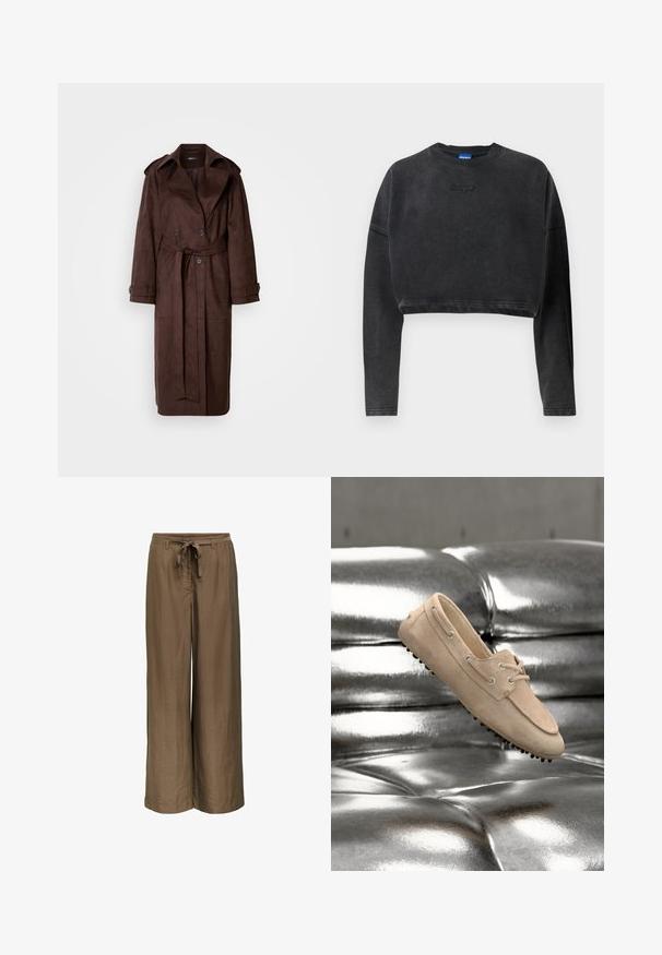Pruunist nahast trench coat, topelt rinnaosaga, suure kraega, vööga ja küljetaskutega. Omab nööpidega varrukaotsasid ja sileda tekstuuri.; Lühikese lõikega must sviiter pehmest kangast, ribatud kaela- ja käisteotsadega, esiosas on diskreetne reljeefne logo.; Pruunid laia lõikega püksid tekstuurse kangaga, vööaasad ja kangast lips vöökohal, valgel taustal.; Beežis seemisnahast mokassiin paelaeinsusega ja kummist naelutatud tallaga, asetatud säravale metallik-hõbedasele polsterdatud pinnale.