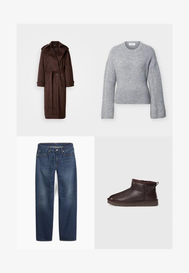 Pruunist nahast trench coat, topelt rinnaosaga, suure kraega, vööga ja küljetaskutega. Omab nööpidega varrukaotsasid ja sileda tekstuuri.; Helehall pikkade varrukatega kootud kampsun, millel on soonikuga ümmargune kaelus, mansetid ja ääred, asetatud sirgelt valgele taustale.; Tumedat sinist värvi teksapüksid sirge säärega. Omavad nööpkinnitust, viit taskut ja kangas on kergelt pleekinud.; Prune nahkasaapad, millel on ümar varvas ja tikandiga accents. Omab pehmet voodrit ja kummist talla, millel on haardemustrid.
