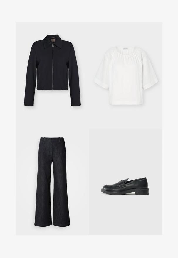 Veste noire à manches longues avec fermeture éclair devant, col, poches latérales et bas élastiqué.; Blouse blanche ample avec encolure ronde, tissu froncé au col et larges manches mi-longues avec des détails de couture horizontaux.; Pantalon en denim noir à jambes larges avec une finition texturée, doté de passants pour ceinture et d'un ourlet net. Design classique, adapté à diverses occasions.; Mocassins en cuir noir avec un bout arrondi, des détails cousus et un petit talon. Texture lisse et semelle en caoutchouc flexible.