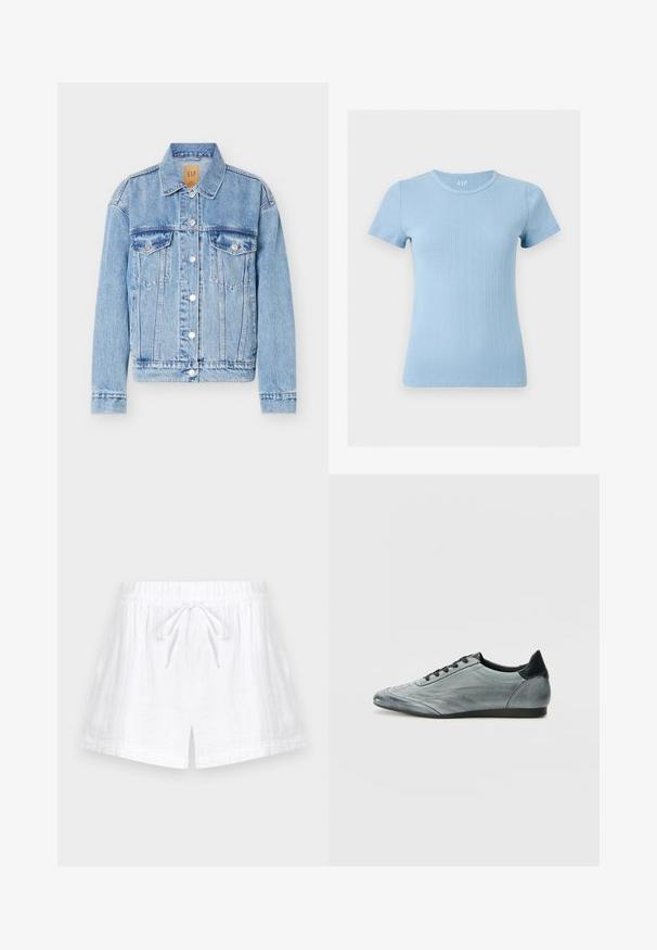 Veste en jean bleu clair avec fermeture à boutons sur le devant, deux poches poitrine à rabat, col classique et manches longues.; Top en maille côtelée bleu clair à manches courtes, col rond, silhouette ajustée et texture subtile à rayures verticales perforées.; Shorts blancs légers en coton avec taille élastique et cordon à l’avant, avec une coupe décontractée et une texture verticale subtile.; Baskets en cuir gris clair au design épuré, avec des détails cousus, des lacets noirs et un accent de talon foncé. Semelle en caoutchouc.