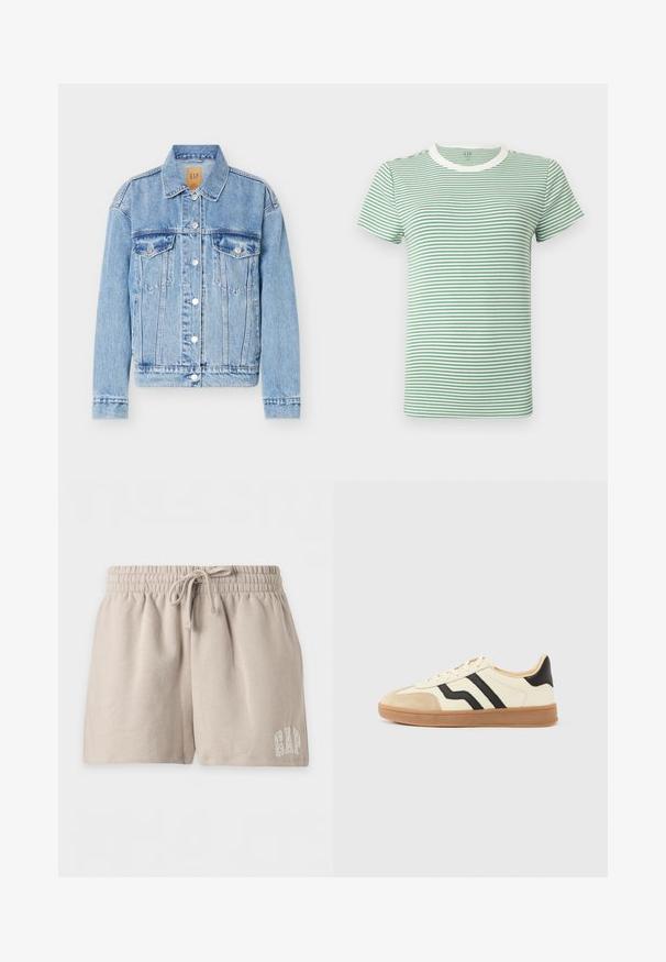 Veste en jean bleu clair avec fermeture à boutons sur le devant, deux poches poitrine à rabat, col classique et manches longues.; T-shirt à manches courtes avec col rond, fines rayures horizontales vertes et blanches et col blanc.; Short beige en tissu doux avec taille élastique et cordon, avec le logo GAP brodé sur la partie inférieure de la jambe droite.; Baskets à lacets avec une tige crème ornée de rayures noires et un bout en daim, complétées par une semelle en caoutchouc marron.