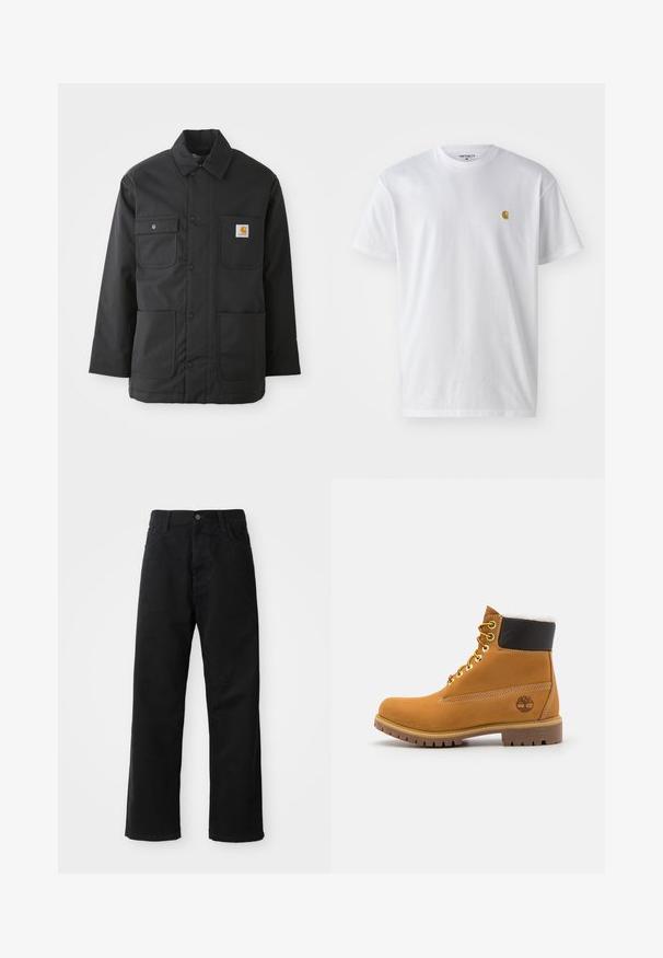 Veste de travail noire en tissu durable, avec un col, fermeture à boutons sur le devant, deux grandes poches et un patch logo sur la poitrine.; T-shirt en coton blanc à manches courtes, col rond, avec un petit logo doré sur la poitrine gauche. Texture douce et coupe régulière.; Pantalons en denim noir à coupe droite, avec poches avant, fermeture éclair et un seul bouton supérieur. Tissu texturé avec une finition mate.; Bottine en cuir brun avec œillets en métal, doublure en fourrure blanche, col rembourré noir, semelle robuste et logo en relief sur le côté.