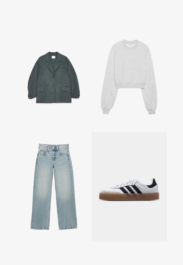 Mørkegrå uldblandingsblazer med notched krave, to frontlommer og to knapper. Glat tekstur med en let oversized pasform.; Afskåret sweatshirt i lys grå stof, med lange ærmer, rund halsudskæring, ribbede ærmer og en subtil tekstur.; Lysblå denim bredbukser med høj talje, der har fem lommer, knaplukning og subtile falmninger for en slidt effekt.; Hvide lædersneakers med sorte striber, gummirubber sål, rund tå, snørelukning og blød grå ruskinds tåhætte.