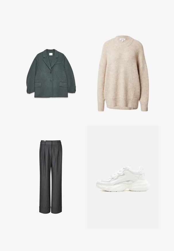 Donkergrijs wollen blazer met een uitsneden kraag, twee voorzakken en twee knopen. Glad textuur met een licht oversized pasvorm.; Beige gebreide trui met een ronde hals, verlaagde schouders en geribbelde manchetten en zoom. Heeft een gestructureerde, licht losse pasvorm.; Grijze pinstripe wijde broek met plooien aan de voorkant en omslagranden. Gemaakt van een gladde stof, met verticale strepen in blauw.; Witte chunky sneaker met dikke zool, veters aan de voorkant en een glad bovenwerk van synthetisch materiaal met subtiele stikdetails.