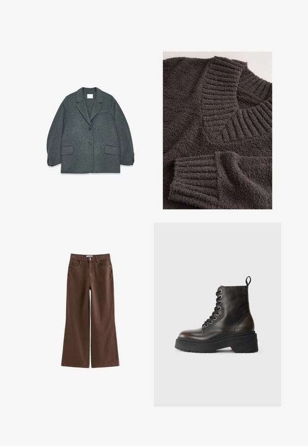 Dunkelgrauer Wollmisch-Blazer mit Reverskragen, zwei vorderen Taschen und zwei Knöpfen. Glatte Textur mit einem leicht übergroßen Schnitt.; Dunkelgrauer Sweatshirt aus Frottee mit einem gerippten Kragen und Bündchen, weicher Textur und entspanntem Design. Keine sichtbaren Verschlüsse.; Braune High-Waist-Jeans mit weitem Bein, vorne mit Knopf- und Reißverschluss, Gürtelschlaufen und fünf Taschen, flach auf weißem Hintergrund ausgebreitet.; Schwarze Leder-Ankle-Boots mit Schnürung, dicke schwarze Sohle und einer Schlaufe auf der Rückseite, die den eingeprägten Markennamen an der Ferse zeigt.