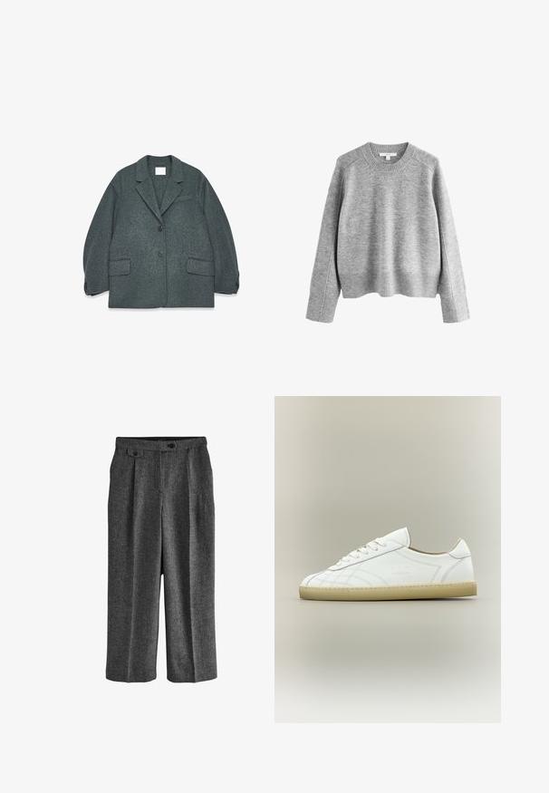 Mørkegrå uldblandingsblazer med notched krave, to frontlommer og to knapper. Glat tekstur med en let oversized pasform.; Grå striktrøje med ribbet halsudskæring og kant, der har dropped shoulders og lange ærmer i et blødt, tekstureret materiale.; Next REGULAR FIT N PREMIUM WIDE LEG PLEATED - Habitbukser - grey; Hvid lavtop lædersneaker med beige sål, snøredesign og subtile syede mønstre på neutral baggrund.