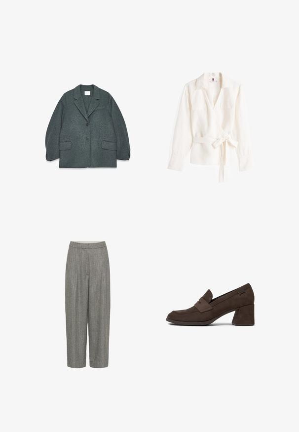 Mørkegrå uldblandingsblazer med notched krave, to frontlommer og to knapper. Glat tekstur med en let oversized pasform.; Hvid linned indpakningsskjorte med lange ærmer, to frontlommer, en bånd i taljen og en krave.; Højtaljede, vide grå bukser med et subtilt hørmønster og en tætsiddende talje, præsenteret på en hvid baggrund.; Brune ruskinds loafers med en lav blok hæl, der har et quiltet design og en frontrem detalje. Glat tekstur og rund tå.