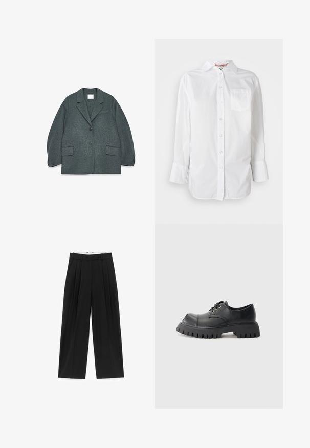 Mørkegrå uldblandingsblazer med notched krave, to frontlommer og to knapper. Glat tekstur med en let oversized pasform.; Hvid langærmet skjorte med knapper og krave samt brystlomme, Præsenteret mod en ensfarvet baggrund.; Sorte bukser med vide ben, frontplisseringer, bæltestropper og sidelommer, designet til en skræddersyet pasform.; Sorte snøresko med rund tå, gummichunky sål og stort mønster. Fremstillet af glat læder med kontrastsyet.