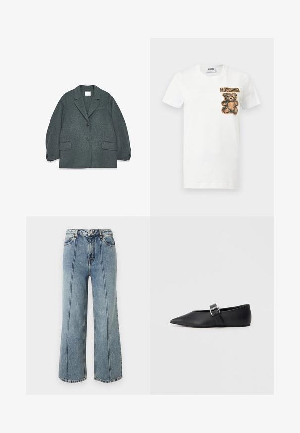 Blazer en mélange de laine gris foncé avec un col cranté, deux poches avant et deux boutons. Texture lisse avec une coupe légèrement surdimensionnée.; T-shirt blanc à manches courtes avec un motif d'ours en peluche et le texte "MOSCHINO" en marron sur le côté supérieur gauche de la poitrine.; Jean denim bleu taille haute avec jambes larges, bouton et zip à l'avant, poches latérales et coutures verticales visibles sur chaque jambe.; Chaussure plate en cuir noir avec bout pointu et bride latérale à boucle. Texture lisse, design minimaliste, profil bas. Convient pour une tenue décontractée.