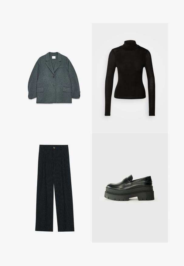 Donkergrijs wollen blazer met een uitsneden kraag, twee voorzakken en twee knopen. Glad textuur met een licht oversized pasvorm.; Zwarte coltrui gemaakt van een lichtgewicht, rekbaar materiaal. Heeft lange mouwen en een aansluitende snit zonder zichtbare naden.; Zwarte pantalon met fijne strepen, gemaakt van gestructureerde stof. De broek heeft een sluiting met een knoop aan de voorkant en een geplooid ontwerp voor extra flair.; Zwarte lederen loafers met een chunky plateauzool. Rondere neus, naden aan de voorkant en subtiele stikselaccenten. Vlakke, gestructureerde buitenzool.