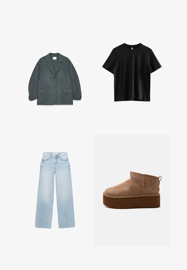 Donkergrijs wollen blazer met een uitsneden kraag, twee voorzakken en twee knopen. Glad textuur met een licht oversized pasvorm.; Zwarte t-shirt met korte mouwen, gemaakt van gladde stof; heeft een klassieke ronde halslijn en een ontspannen pasvorm zonder zichtbare logo's of versieringen.; Lichtgewassen, wijd uitlopende jeans van denim. Heeft een hoge taille, vijf zakken en een ritssluiting met knoopsluiting. Licht beschadigde textuur.; Halve hoogte bruine suède instapschoen met dikke plateauzool en een trek-lus aan de achterkant tegen een lichte achtergrond.