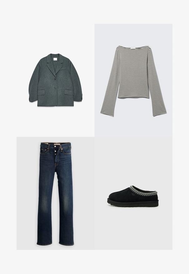 Mørkegrå uldblandingsblazer med notched krave, to frontlommer og to knapper. Glat tekstur med en let oversized pasform.; Langærmet, kort top i afdæmpede grå og hvide vandrette striber, lavet af blødt stof med en bred, bådformet halsudskæring og udvidede ærmer.; Mørkeblå denimjeans med lige ben, fem lommer, knapgylp og diskret falmning ved lårene. Klassiske syningsdetaljer.; Sorte ruskinds slip-on klipklapper har en struktureret vævet accent langs kraven og en sort gummisål med et mønstret dæk.