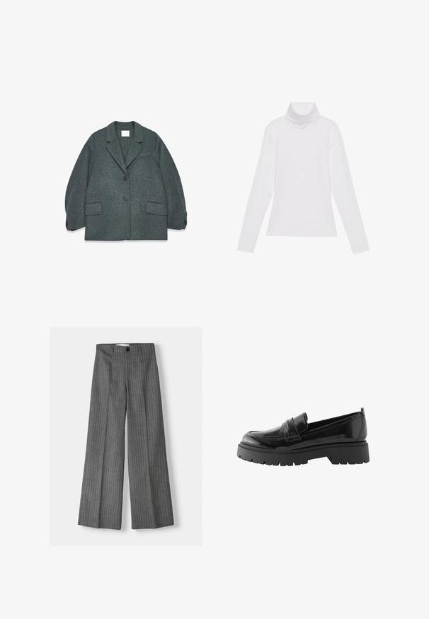Donkergrijs wollen blazer met een uitsneden kraag, twee voorzakken en twee knopen. Glad textuur met een licht oversized pasvorm.; Witte lange mouw turtleneck top gemaakt van glad, elastisch materiaal. Voorzien van een hoge kraag en een getailleerd ontwerp, zonder zichtbare patronen of versieringen.; Grijze wijde broek met een streepjespatroon, voorzien van een knoopsluiting en twee voorkleppen. Gemaakt van gestructureerde stof.; Zwarte lakleren loafers hebben een laag platformzool met een robuuste profiel en een gestikte detail over de middenvoet.
