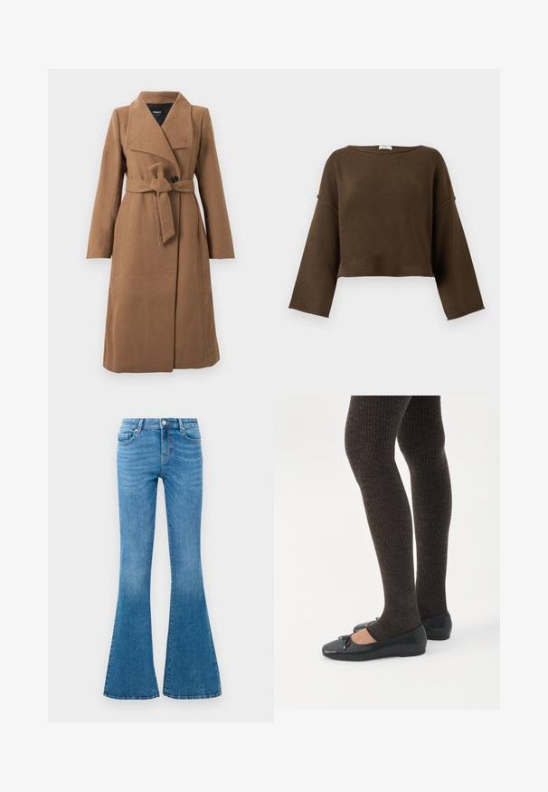 Lang kamelbrun uldfrakke med bred krave, en enkelt sort knap og matchende stofbælte, der er bundet i taljen.; Brun cropped sweater med en bred halsudskæring, lange ærmer og en blød tekstur. Simpelt, udekoreret design, der passer til forskellige outfits.; Blå denim flared jeans med mellemhøj talje, der har fem lommer, en standard knaplukning og let falmning for struktur.; Ben iført mørke ribbede leggings kombineret med sorte balletsko med små sløjfedetaljer på hvid baggrund.