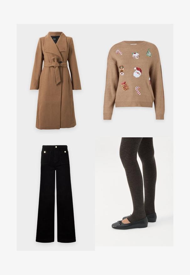 Lang kamelbrun uldfrakke med bred krave, en enkelt sort knap og matchende stofbælte, der er bundet i taljen.; Brun strikket sweater med juletema broderede motiver, herunder julemanden, rensdyr, gaver og slikstokke i forskellige farver.; Sorte flared jeans lavet af denim, med høj talje, to forlommer og guldfarvede hardwaredetaljer. Glat tekstur, bred bendesign.; Ben iført mørke ribbede leggings kombineret med sorte balletsko med små sløjfedetaljer på hvid baggrund.