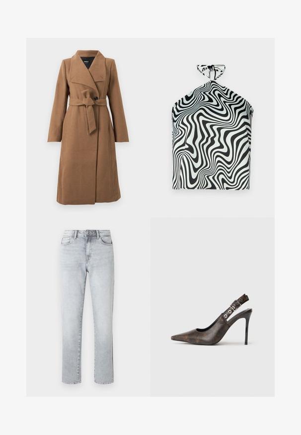 Lang kamelbrun uldfrakke med bred krave, en enkelt sort knap og matchende stofbælte, der er bundet i taljen.; Sorte og hvide halterneck-top med et svælget bølgemønster, lavet af glat stof og med en båndlukning i halsen.; Lysegrå jeans med lige ben, knaplukning, forlommer og bæltestropper, vist på en ens hvid baggrund.; Brune læder slingback højhælede sko med spids tå, justerbar spænde og sort stiletto hæl på ensfarvet baggrund.