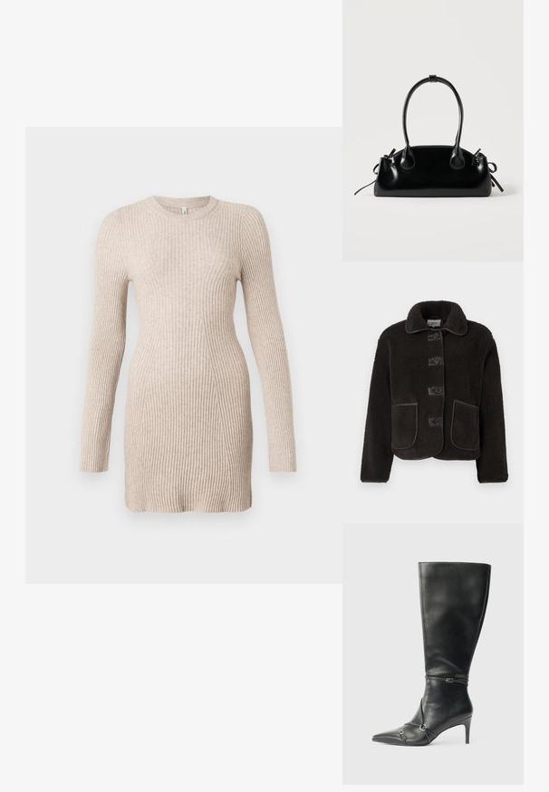 Veste en polaire noire avec un col rond, cinq boutons à l'avant et deux grandes poches à rabat ; bords supplémentaires en un matériau contrasté.; Robe pull longue en tricot côtelé beige à manches longues, avec une taille cintrée et un col rond sur fond blanc.; Bottes noires en cuir montant jusqu'au genou, avec un talon fin, un bout pointu et des détails de lanière à la cheville. Texture lisse et design ajusté.; Petit sac à main noir brillant avec deux longues anses et des détails à cordon sur les côtés sur un fond clair uni.