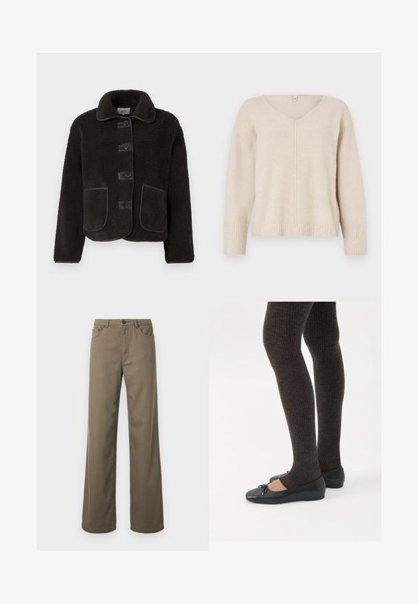 Veste en polaire noire avec un col rond, cinq boutons à l'avant et deux grandes poches à rabat ; bords supplémentaires en un matériau contrasté.; Pull en tricot beige avec un col en V, des poignets et un ourlet côtelés. Présente un design de couture centrale et une coupe ample. Matière douce et texturée.; Pantalon à jambes larges en coton vert olive, doté d'une fermeture à boutons, de passants pour ceinture, et d'un design à cinq poches avec une texture lisse et durable.; Jambes portant des leggings côtelés foncés associés à des ballerines noires avec de petits détails en nœud sur fond blanc.