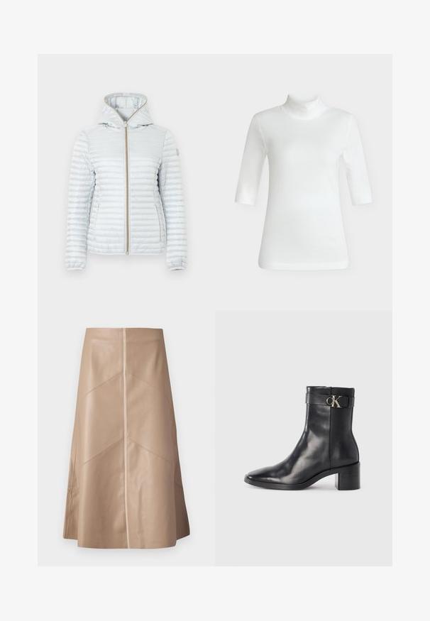 Veste matelassée gris clair à capuche avec fermeture éclair frontale et deux poches latérales, conçue pour temps froid.; Haut blanc côtelé à manches mi-longues avec col roulé et coupe ajustée, présenté sur un fond gris neutre.; Jupe A-line en simili cuir beige avec des détails de panneaux subtils et une finition mate lisse, longueur genou et taille haute.; Botte de cheville en cuir noir avec un bout pointu, un talon carré et une sangle avec un détail de logo métallique. Texture lisse et design minimaliste.