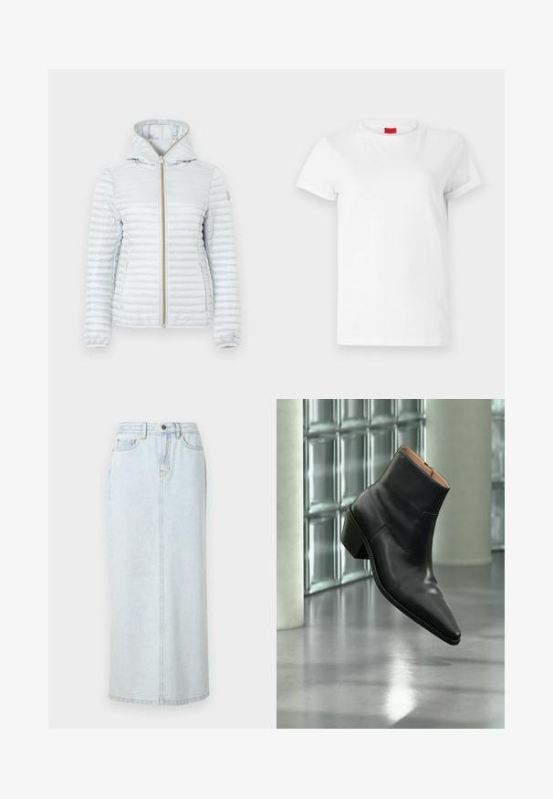 Veste matelassée gris clair à capuche avec fermeture éclair frontale et deux poches latérales, conçue pour temps froid.; T-shirt blanc à manches courtes en coton léger. Présente un col rond et des manches retroussées. Étiquette logo rouge sur le col.; Jupe maxi en denim bleu clair avec un design droit, fermeture à boutons sur le devant et couture visible. Elle comporte deux poches avant.; Bottine en cuir noir avec un bout pointu et un talon carré lévitant au-dessus d'un sol gris réfléchissant près d'un mur en blocs de verre.